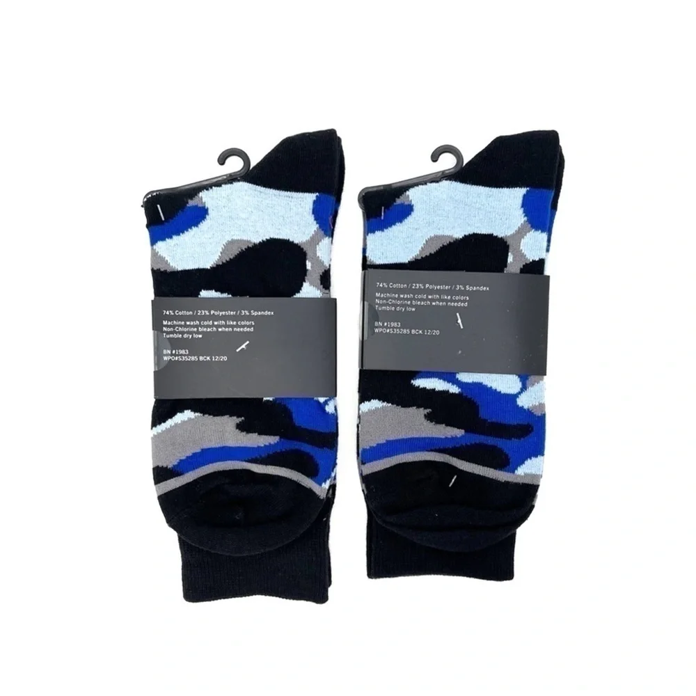True Religion Men’s Crew Socks Blue Black Gray Camo Two (2) Pair Cotton New NWT
